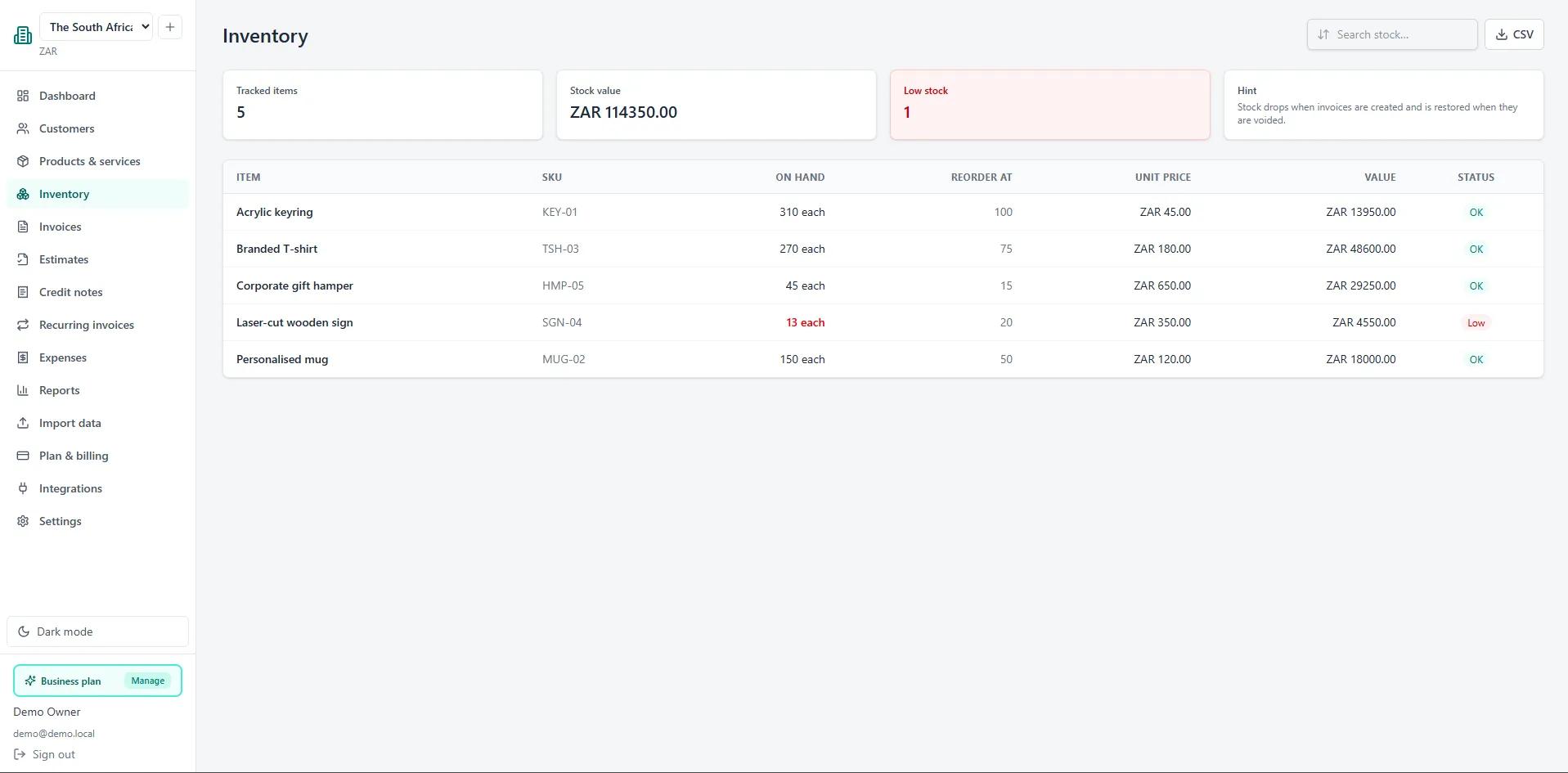 Inventory screen